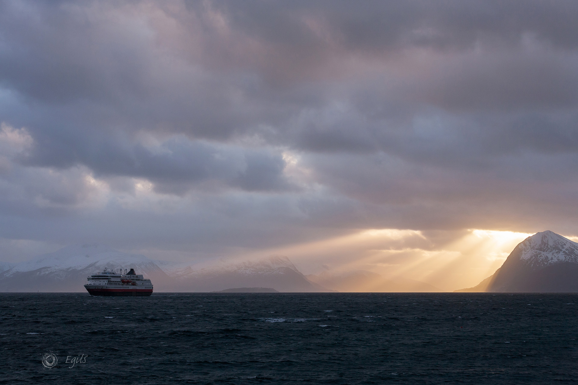 Hurtigruten on the Molde fjord, Norway. Moldefjorden.